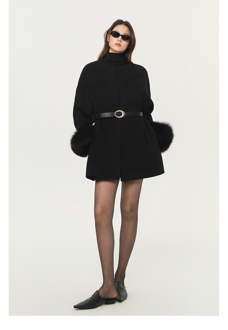 FUR-TRIM WOOL CROPPED COAT