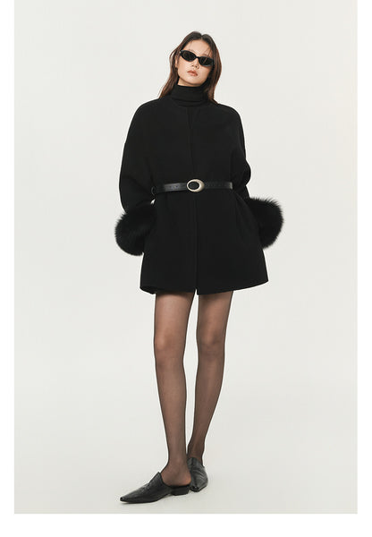 FUR-TRIM WOOL CROPPED COAT