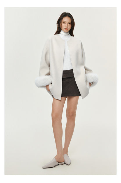 FUR-TRIM WOOL CROPPED COAT