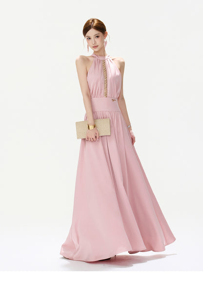 BLUSH JEWELED HALTER GOWN