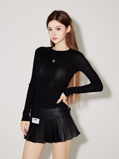 HALF TURTLENECK KNIT & PLEATED LEATHER MINISKIRT