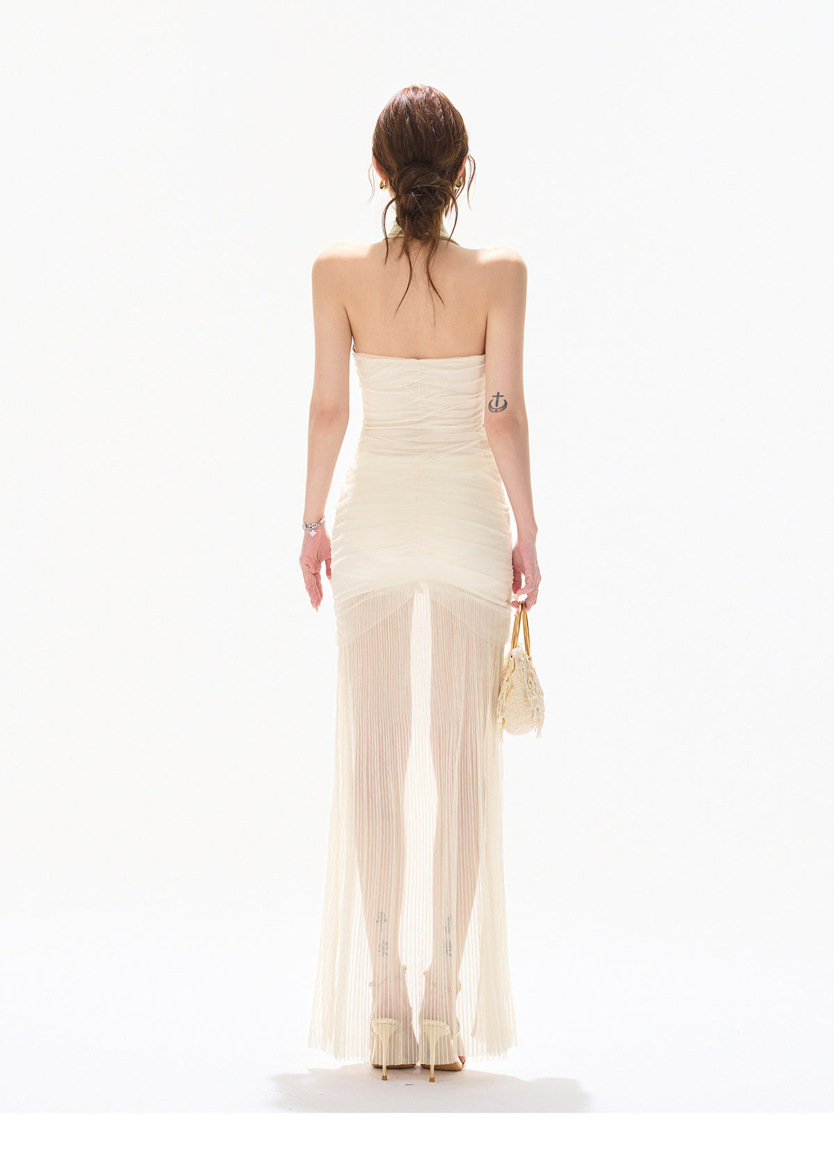 PALE GOLD COWL HALTER MAXI DRESS