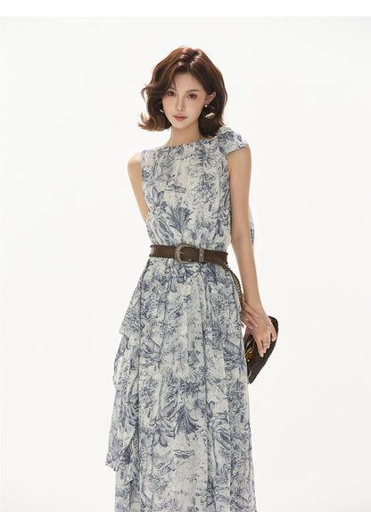 NORWEGIAN FOREST PRINT CHIFFON WAIST ONE-PIECE