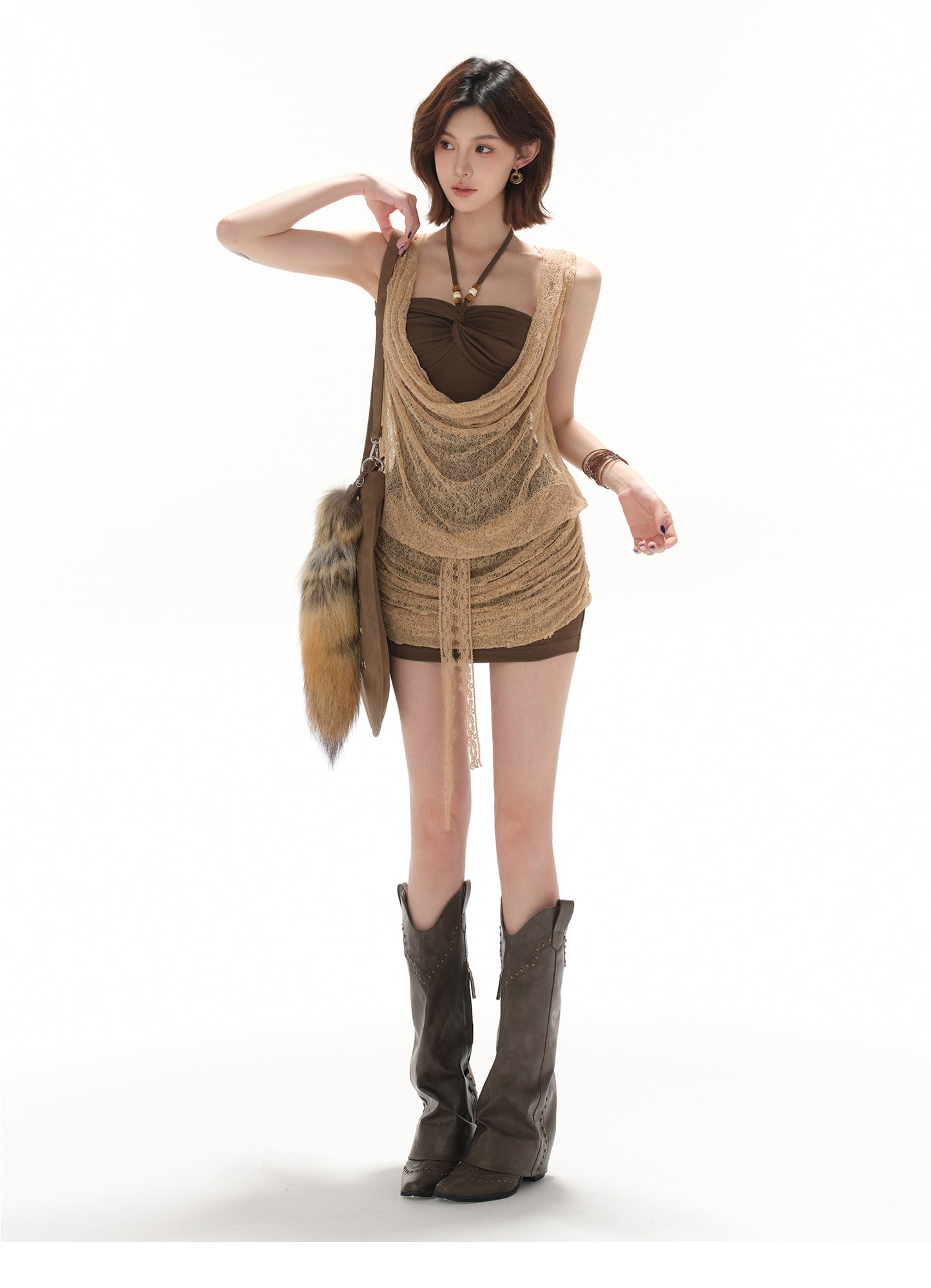 RETRO LACE FLARED COLLAR SLIM FIT TWO-PIECE DRESS
