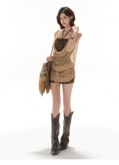 RETRO LACE FLARED COLLAR SLIM FIT TWO-PIECE DRESS