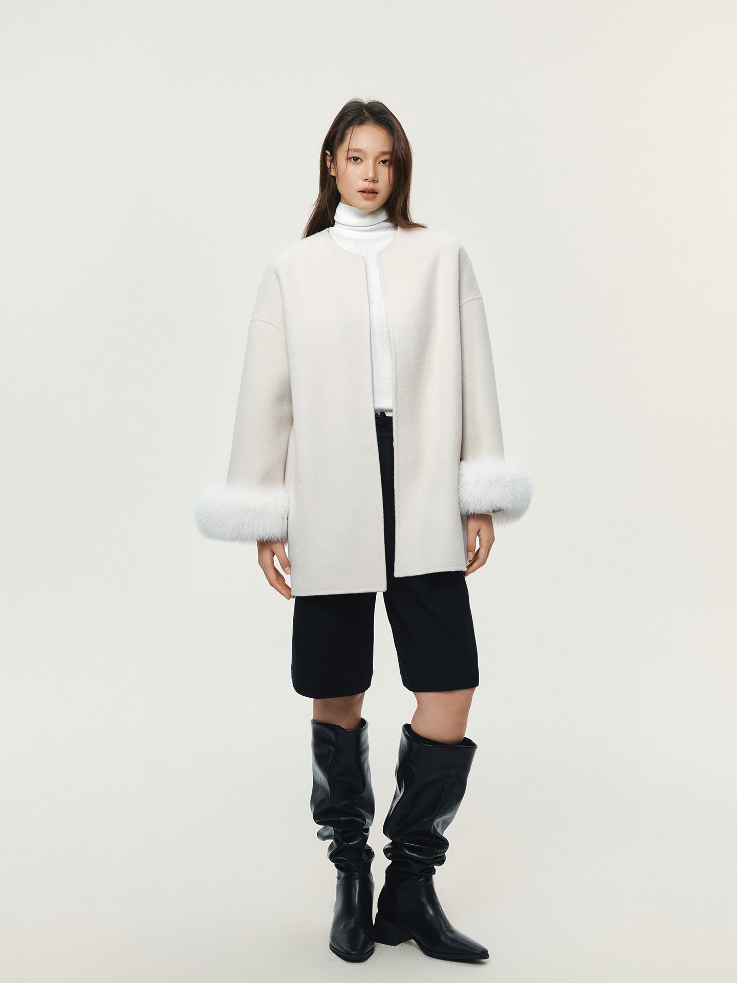 FUR-TRIM WOOL CROPPED COAT