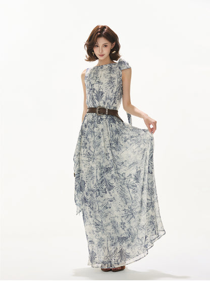 NORWEGIAN FOREST PRINT CHIFFON WAIST ONE-PIECE
