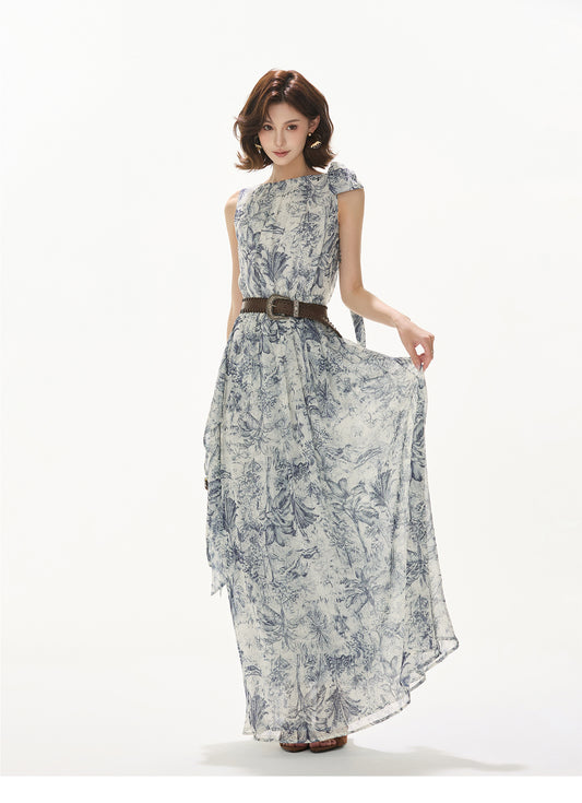 NORWEGIAN FOREST PRINT CHIFFON WAIST ONE-PIECE