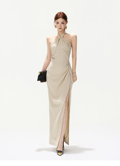 OATMEAL TWIST HALTER MAXI DRESS