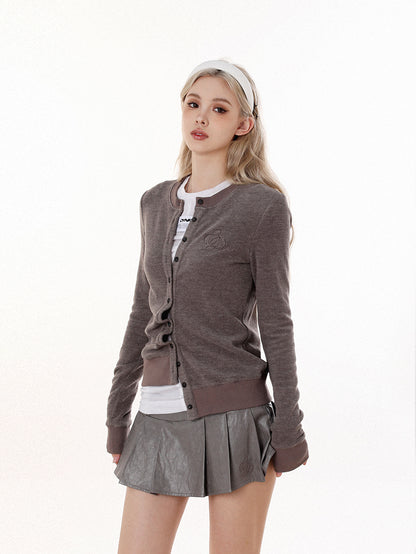 CREWNECK KNIT CARDIGAN & LEATHER SKIRT