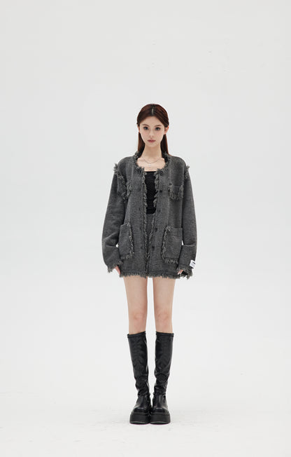 DESTRUCTIVE WOOL KNITTED CARDIGAN & SKIRT