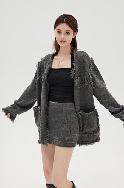 DESTRUCTIVE WOOL KNITTED CARDIGAN & SKIRT