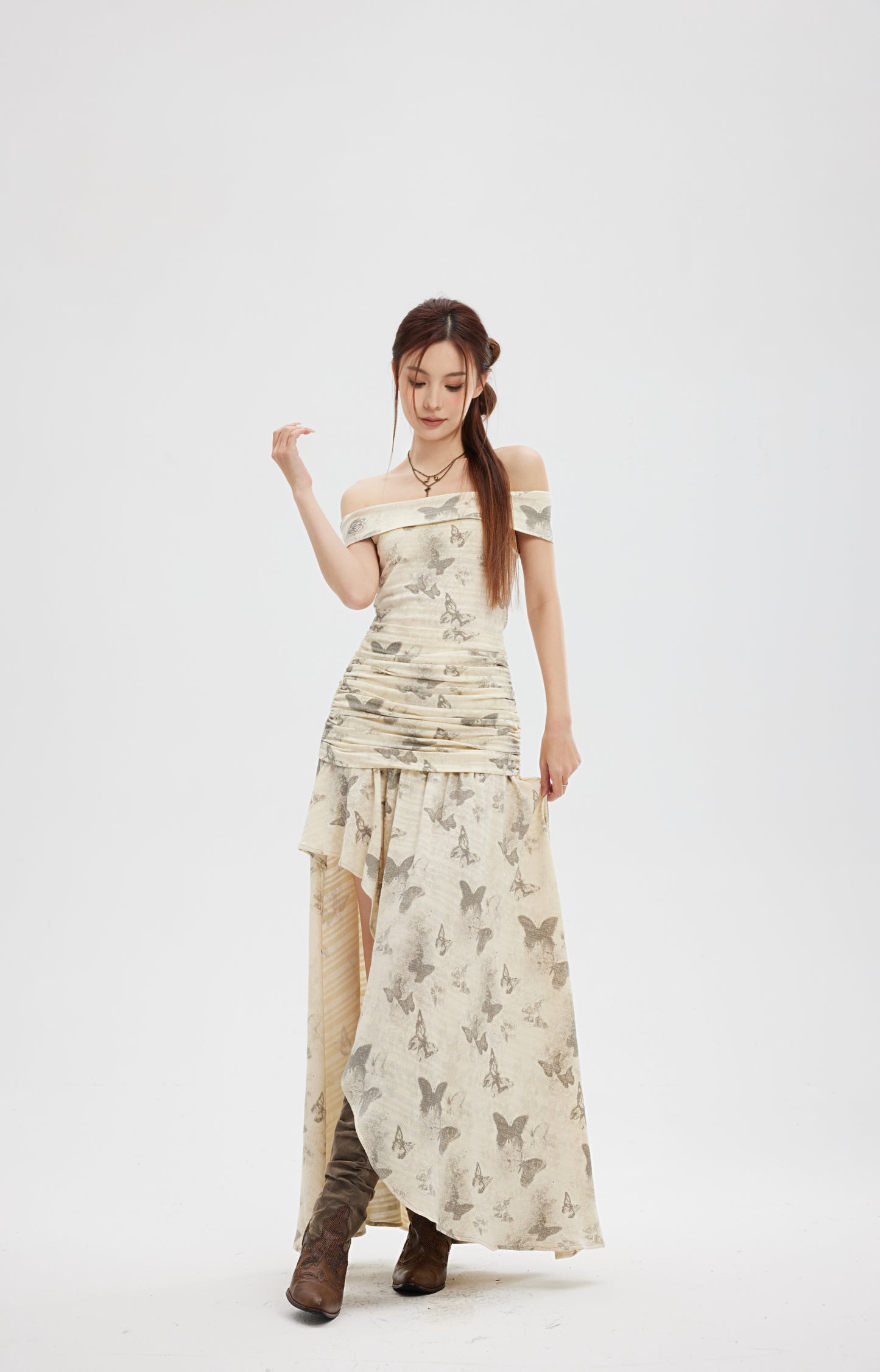 BUTTERFLY PRINT OFF SHOULDER LONG DRESS