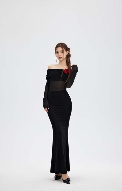 MESH STITCHING OFF SHOULDER LONG SKIRT