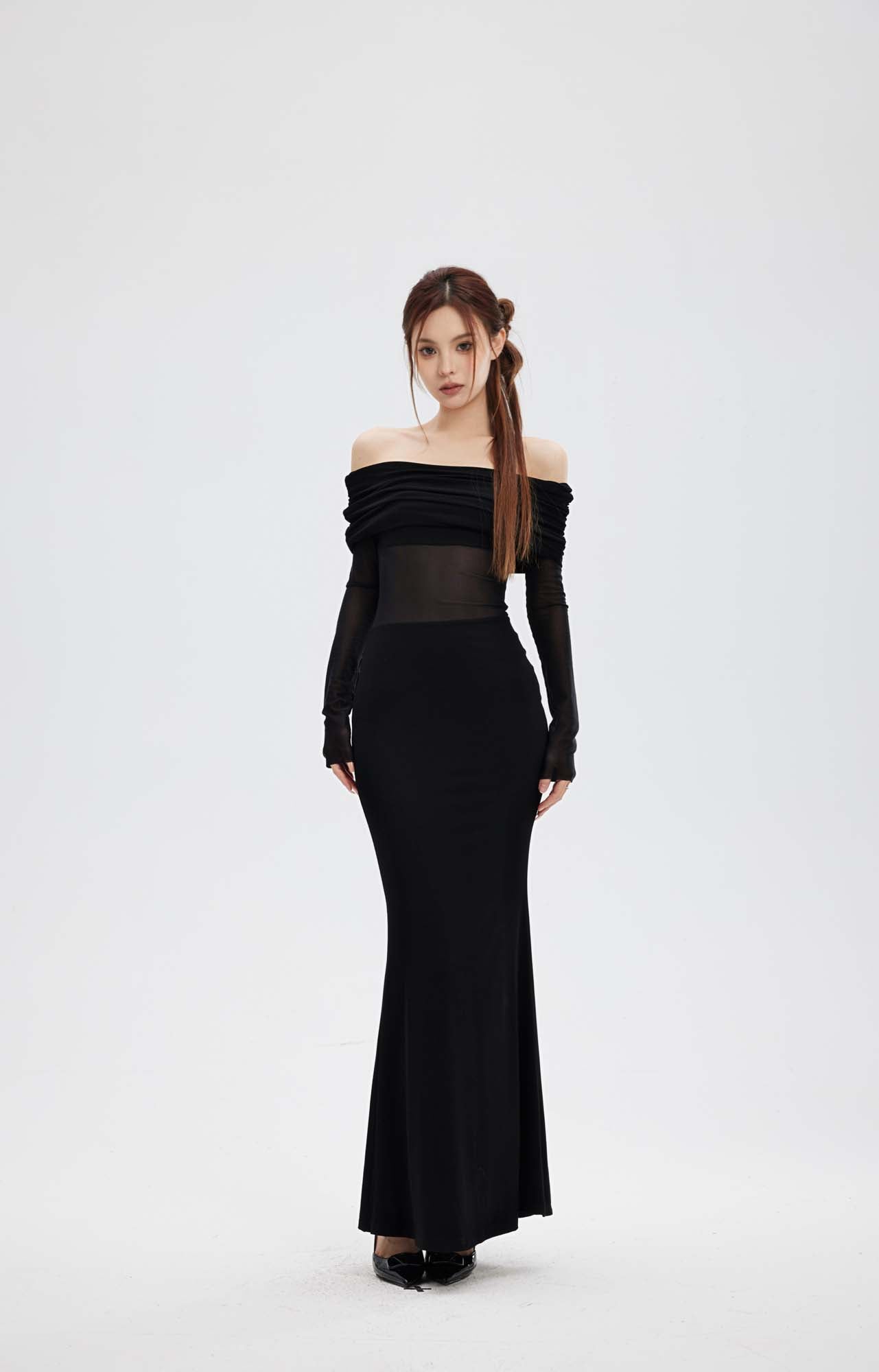 MESH STITCHING OFF SHOULDER LONG SKIRT