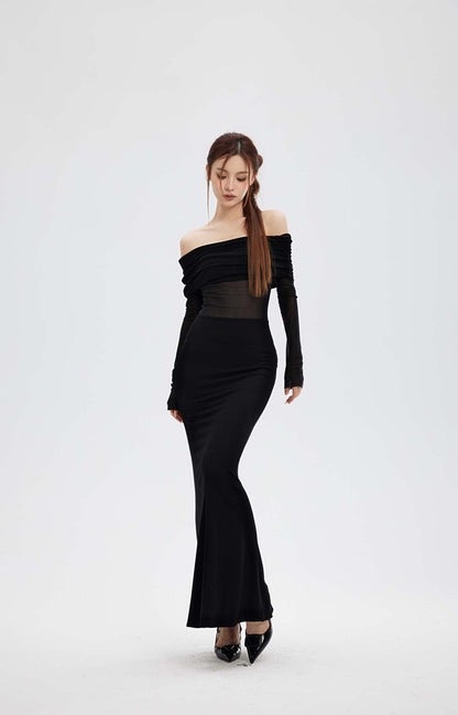 MESH STITCHING OFF SHOULDER LONG SKIRT