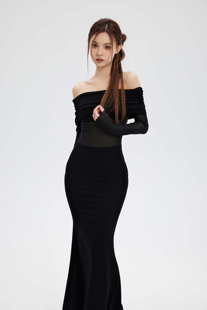 MESH STITCHING OFF SHOULDER LONG SKIRT