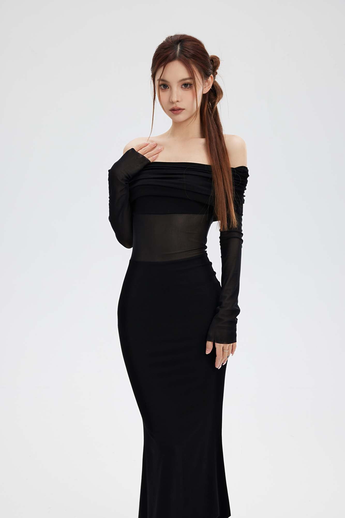 MESH STITCHING OFF SHOULDER LONG SKIRT