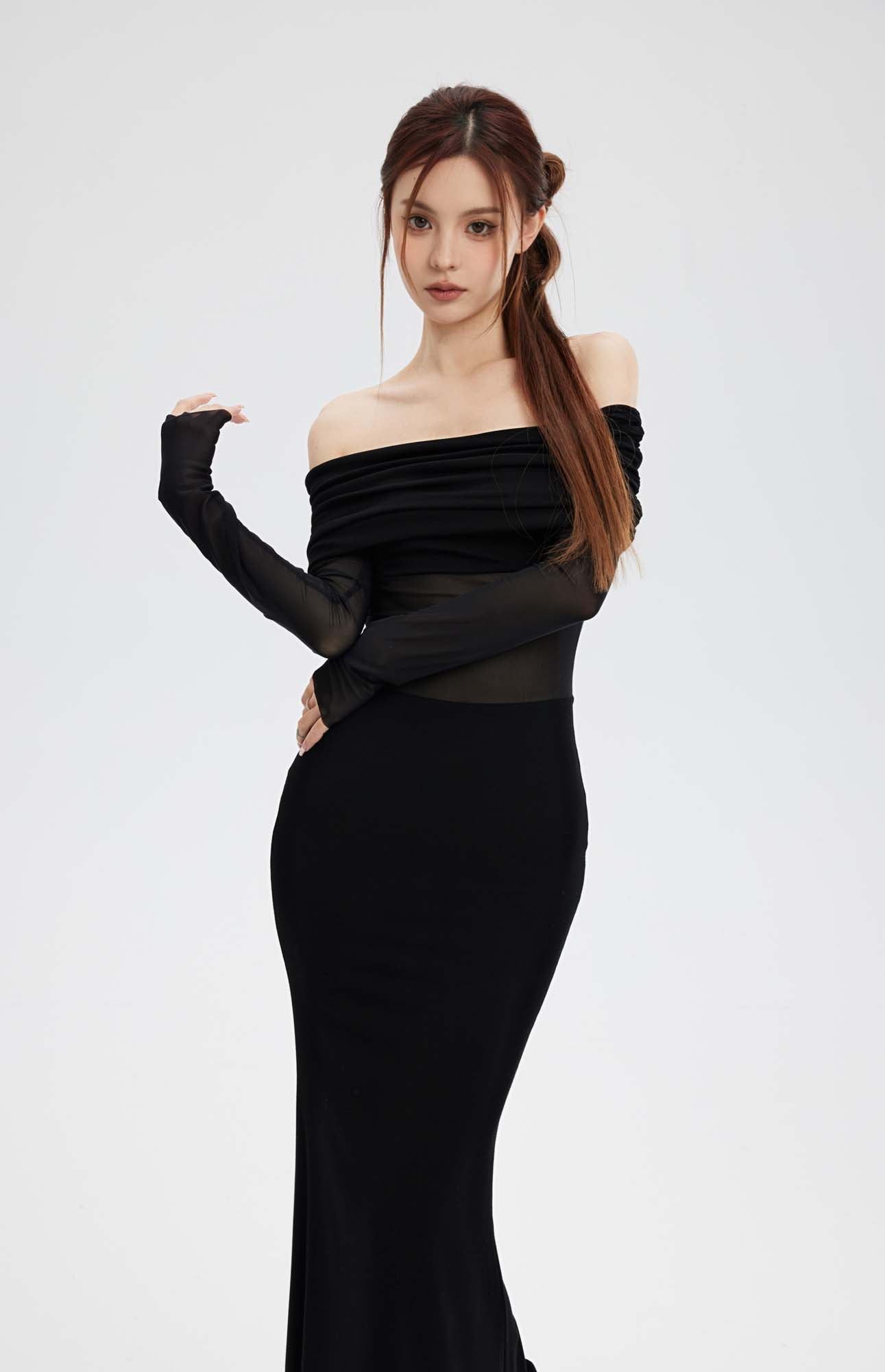 MESH STITCHING OFF SHOULDER LONG SKIRT