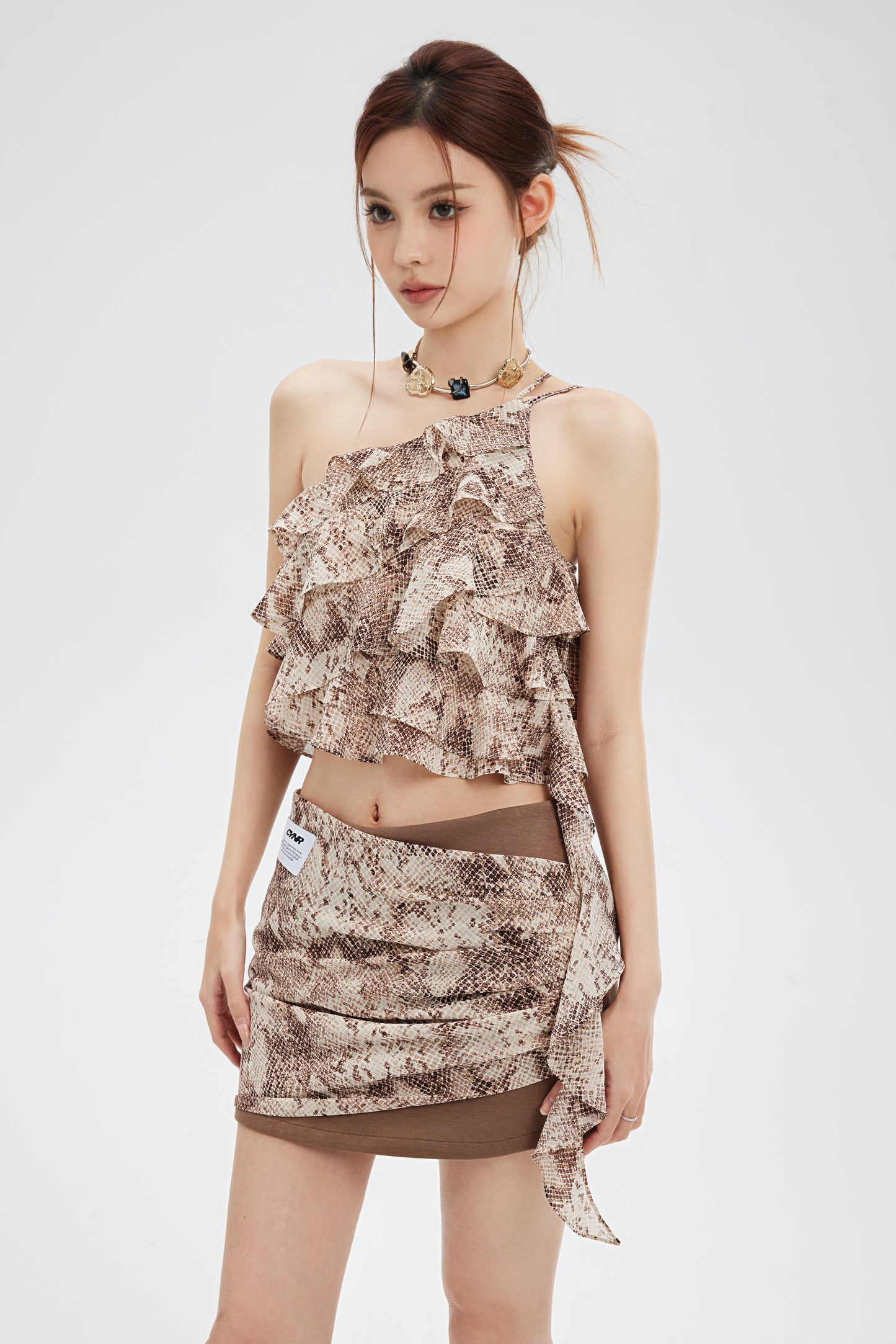 SNAKE PATTERN IRREGULAR RUFFLE TOP & SKIRT