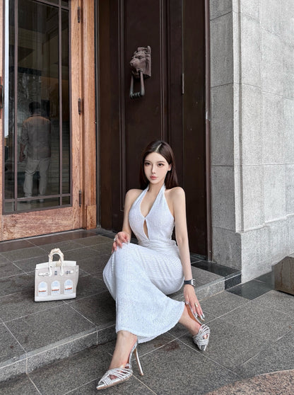 V-NECK HALTER NECK HOLLOW LONG DRESS