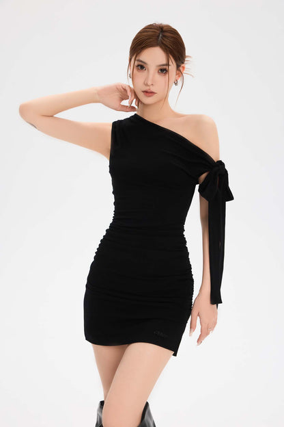 OFF-SHOULDER RIBBON TIGHT MINI DRESS