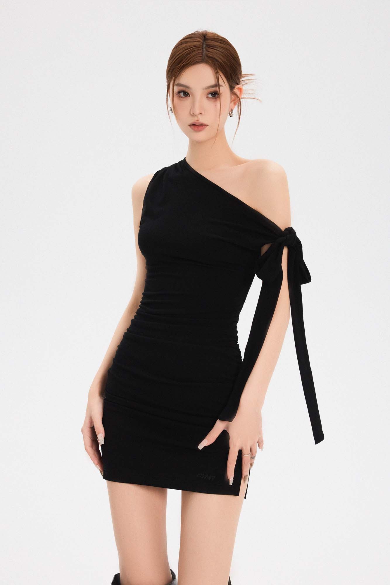 OFF-SHOULDER RIBBON TIGHT MINI DRESS