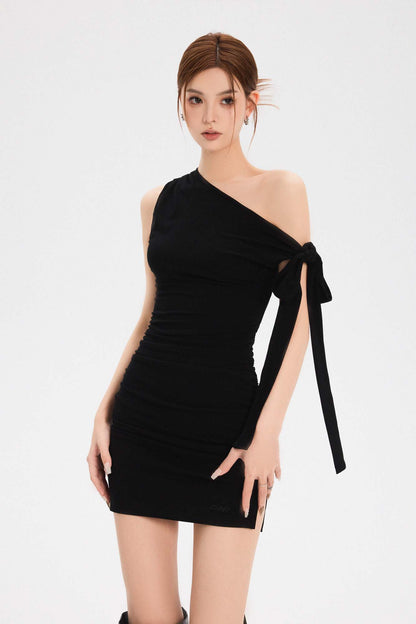 OFF-SHOULDER RIBBON TIGHT MINI DRESS