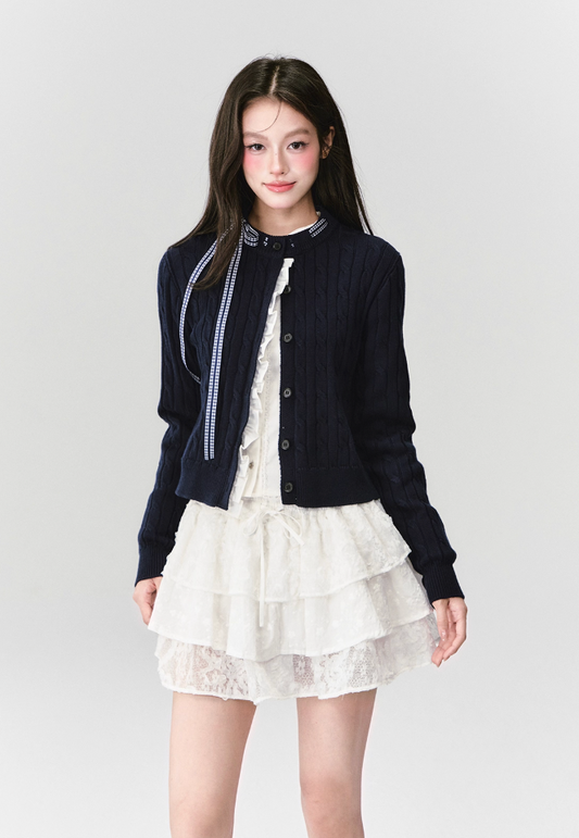 FRENCH CABLE-KNIT BOW CARDIGAN WITH CONTRAST PANELS