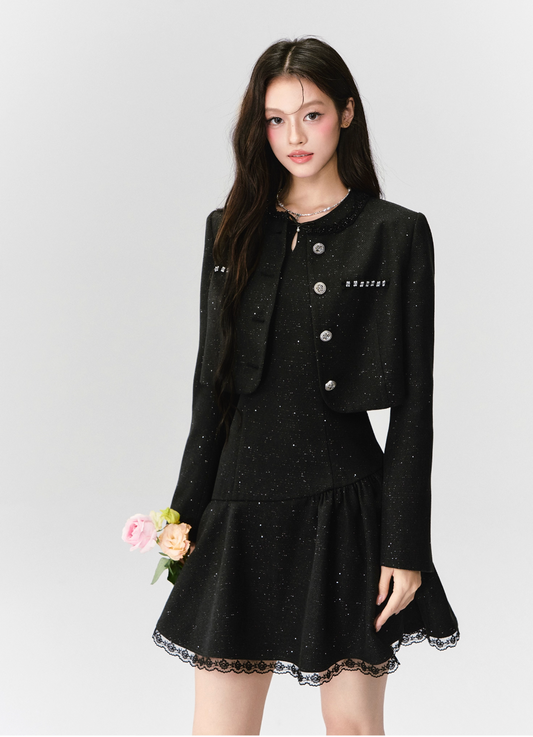 ELEGANT SEQUIN TWEED DRESS & JACKET SET