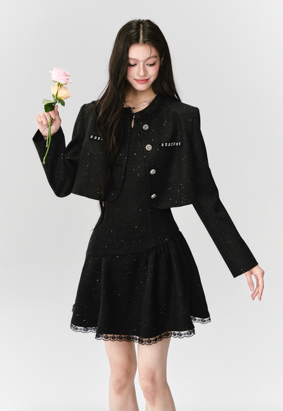 ELEGANT SEQUIN TWEED DRESS & JACKET SET