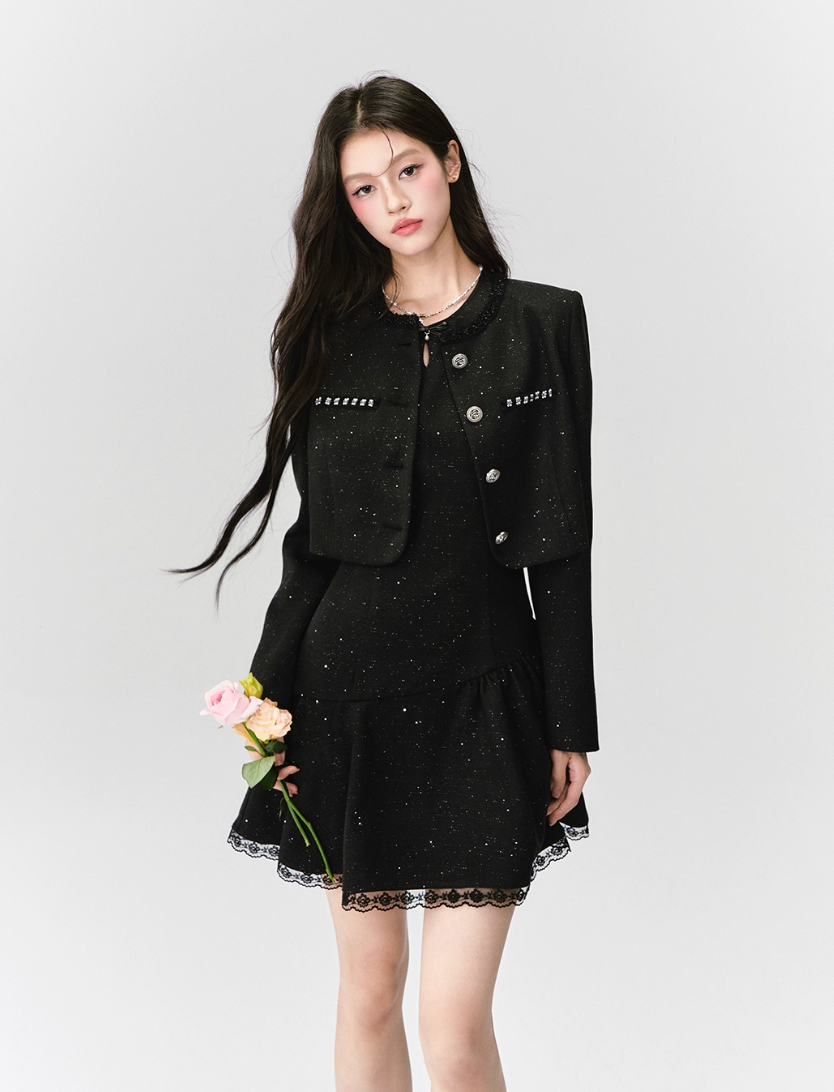 ELEGANT SEQUIN TWEED DRESS & JACKET SET