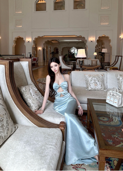 SATIN OFF-SHOULDER HALTER DRESS