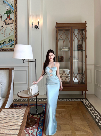 SATIN OFF-SHOULDER HALTER DRESS