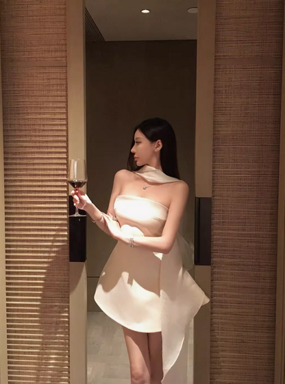 OFF-SHOULDER WHITE RIBBON MINI DRESS