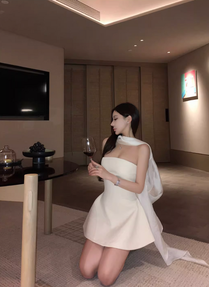 OFF-SHOULDER WHITE RIBBON MINI DRESS