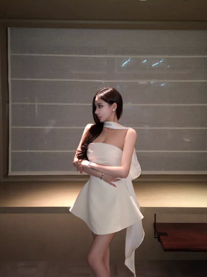 OFF-SHOULDER WHITE RIBBON MINI DRESS