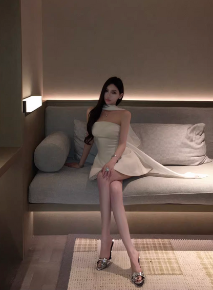 OFF-SHOULDER WHITE RIBBON MINI DRESS