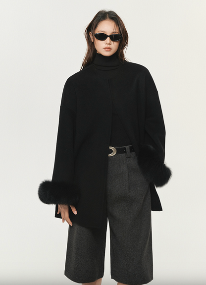 FUR-TRIM WOOL CROPPED COAT
