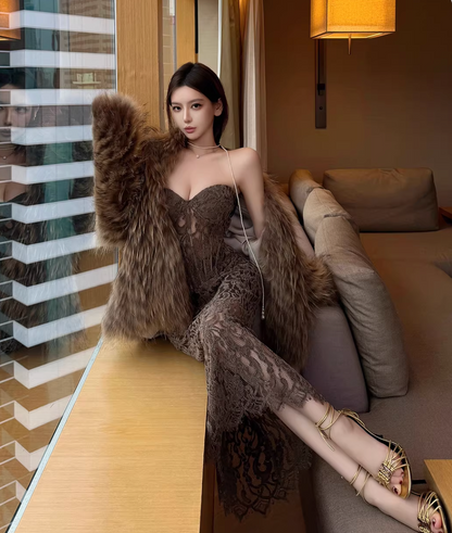 LACE STRAPLESS SHEER MAXI DRESS SET