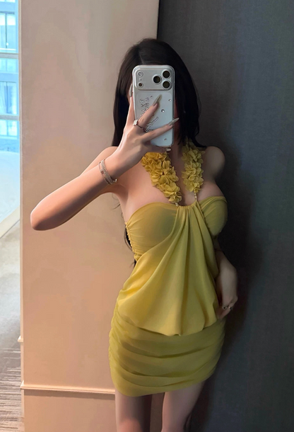 LEMON HALTER RUCHED MINI DRESS