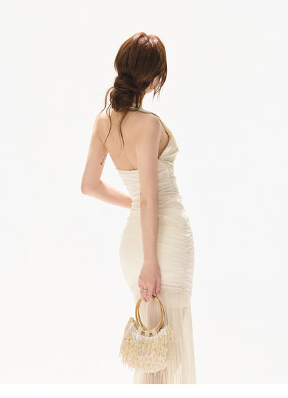 PALE GOLD COWL HALTER MAXI DRESS