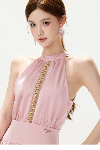 BLUSH JEWELED HALTER GOWN