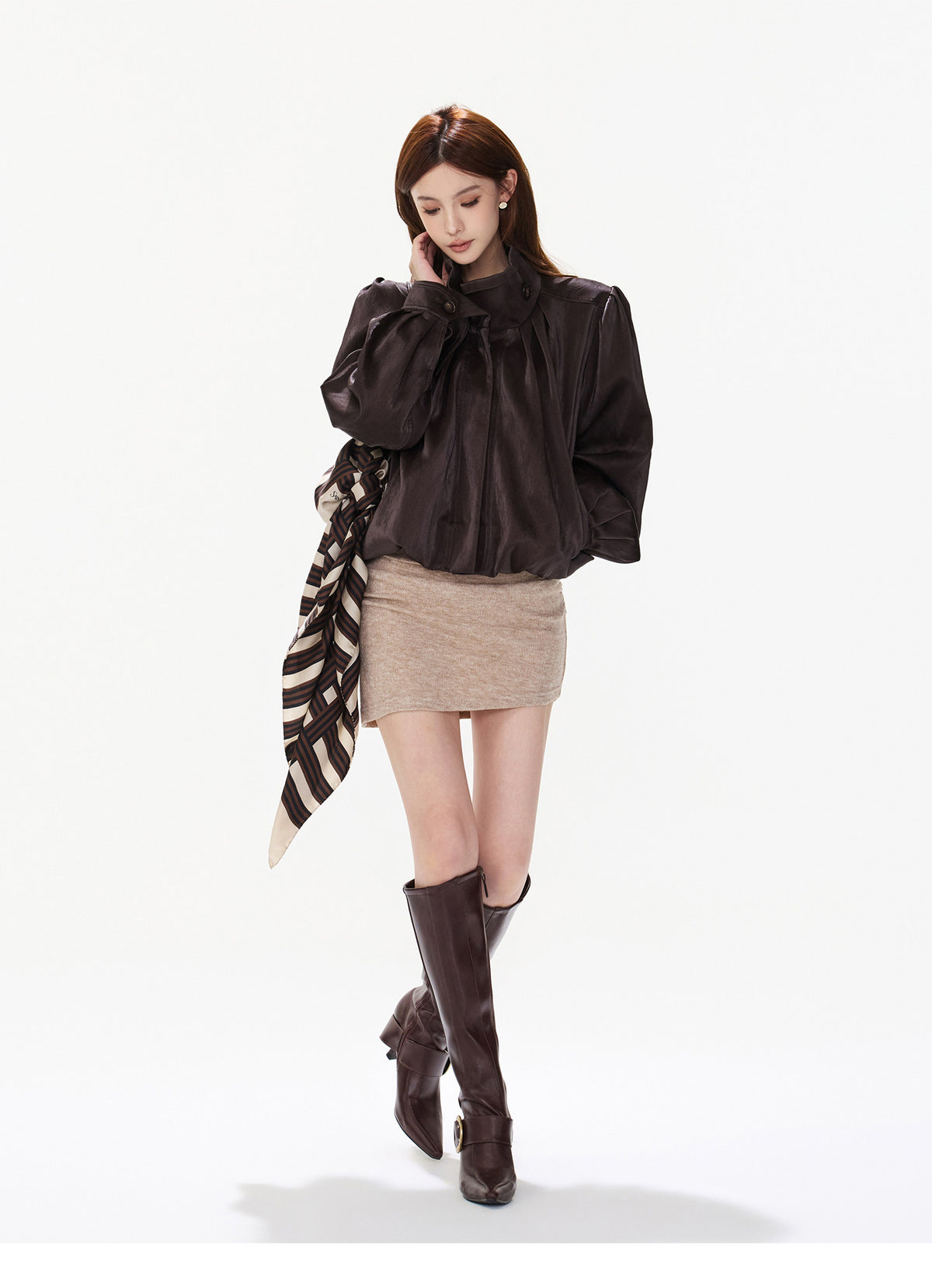 PLUM BROWN GATHERED LEATHER-LIKE JACKET