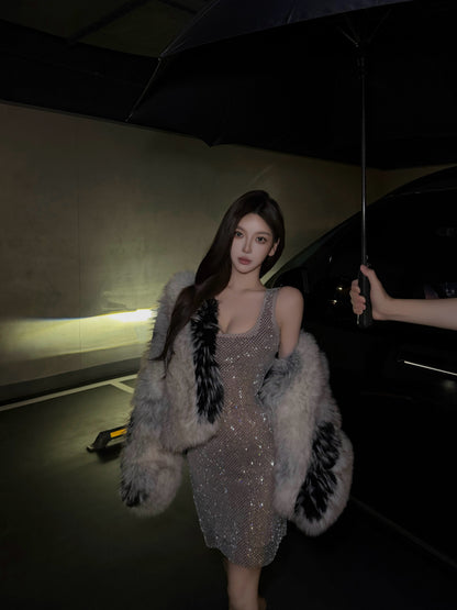 CRYSTAL BACKLESS EVENING DRESS & COLOR BLOCK ECO FUR JACKET