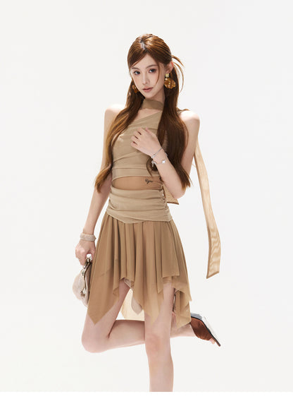 MIST KHAKI ASYMMETRIC RUFFLE MINI DRESS
