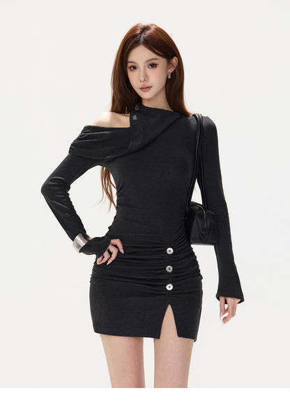 CHARCOAL DRAPED ASYMMETRIC MINI DRESS