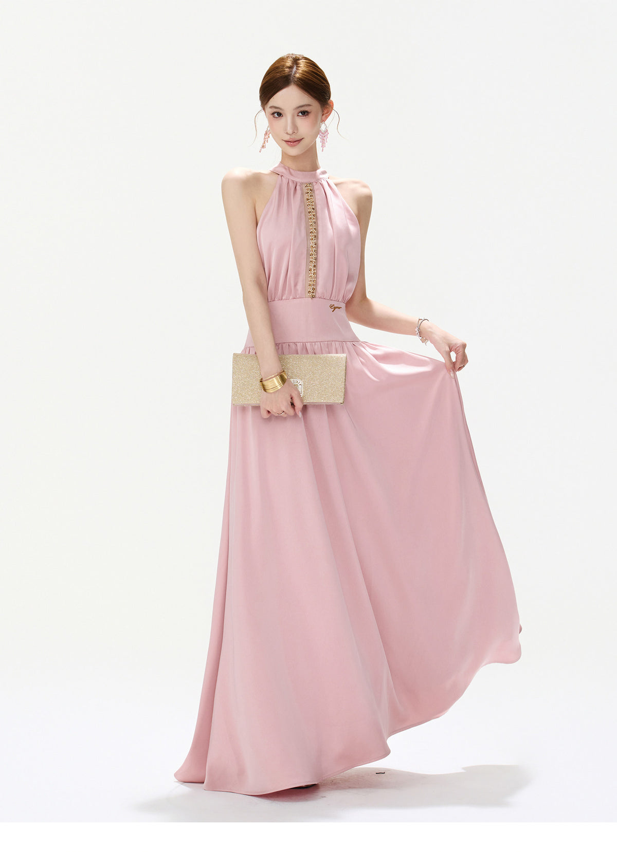 BLUSH JEWELED HALTER GOWN