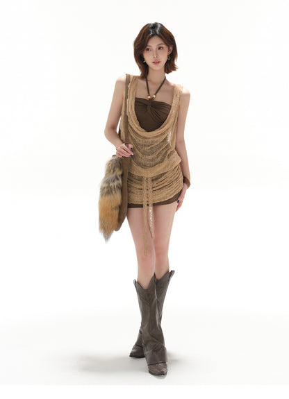 RETRO LACE FLARED COLLAR SLIM FIT TWO-PIECE DRESS