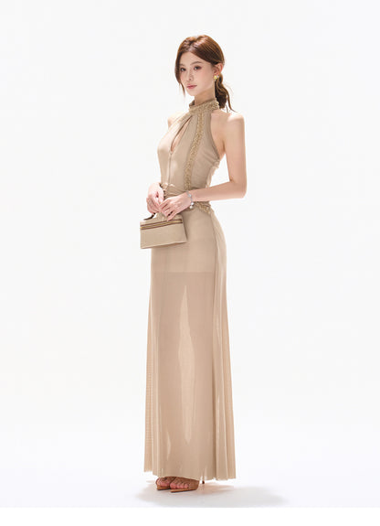 LUMINOUS BEADED HALTER GOWN